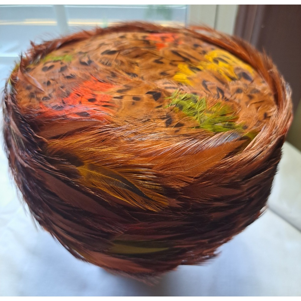 VINTAGE GENE DORIS New York ORIGINAL PHEASANT Quail FEATHER PILLBOX HAT - Picture 4 of 10